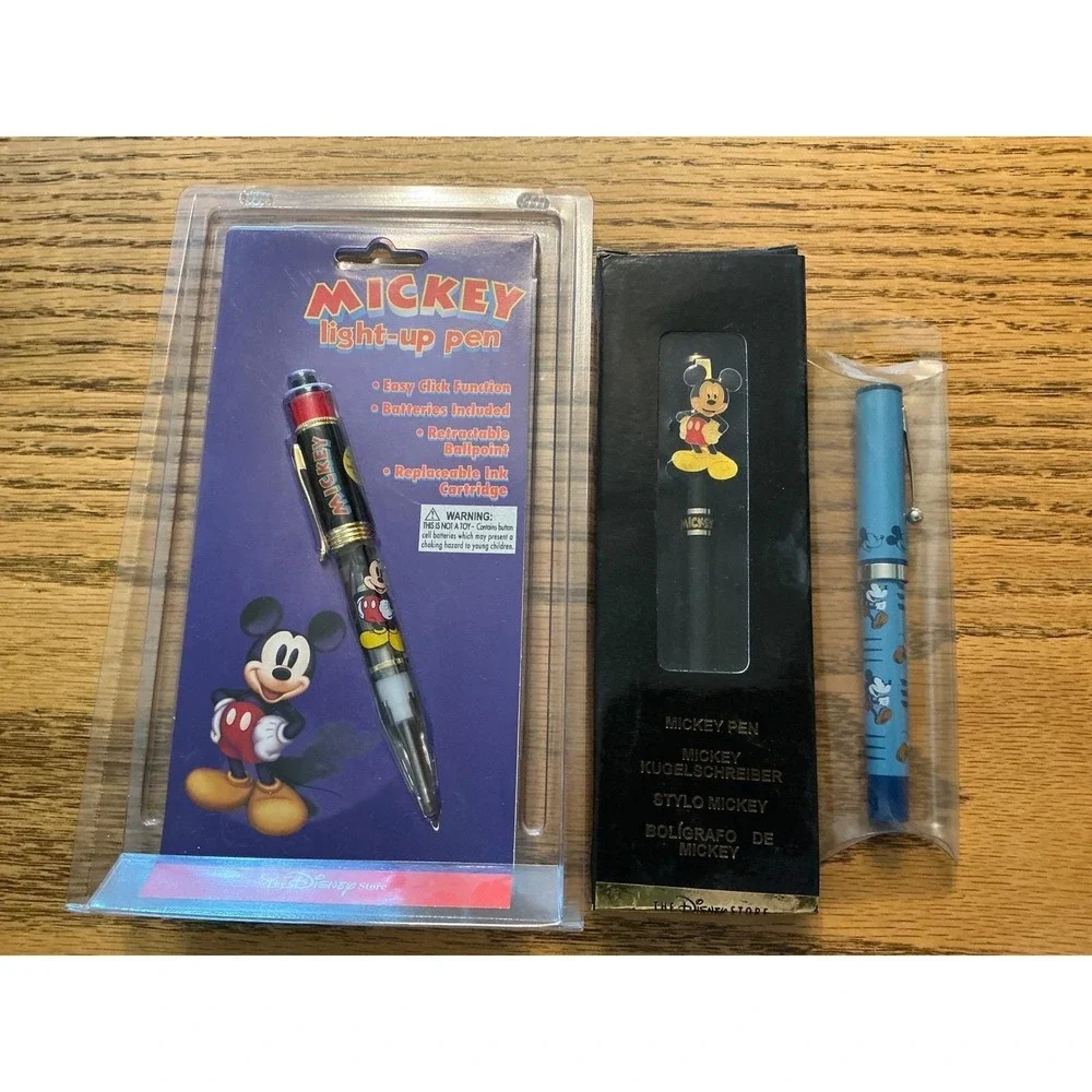 Vintage Disney Store Mickey Mouse Pen Set Light-Up Retractable Ballpoint 3 Pack